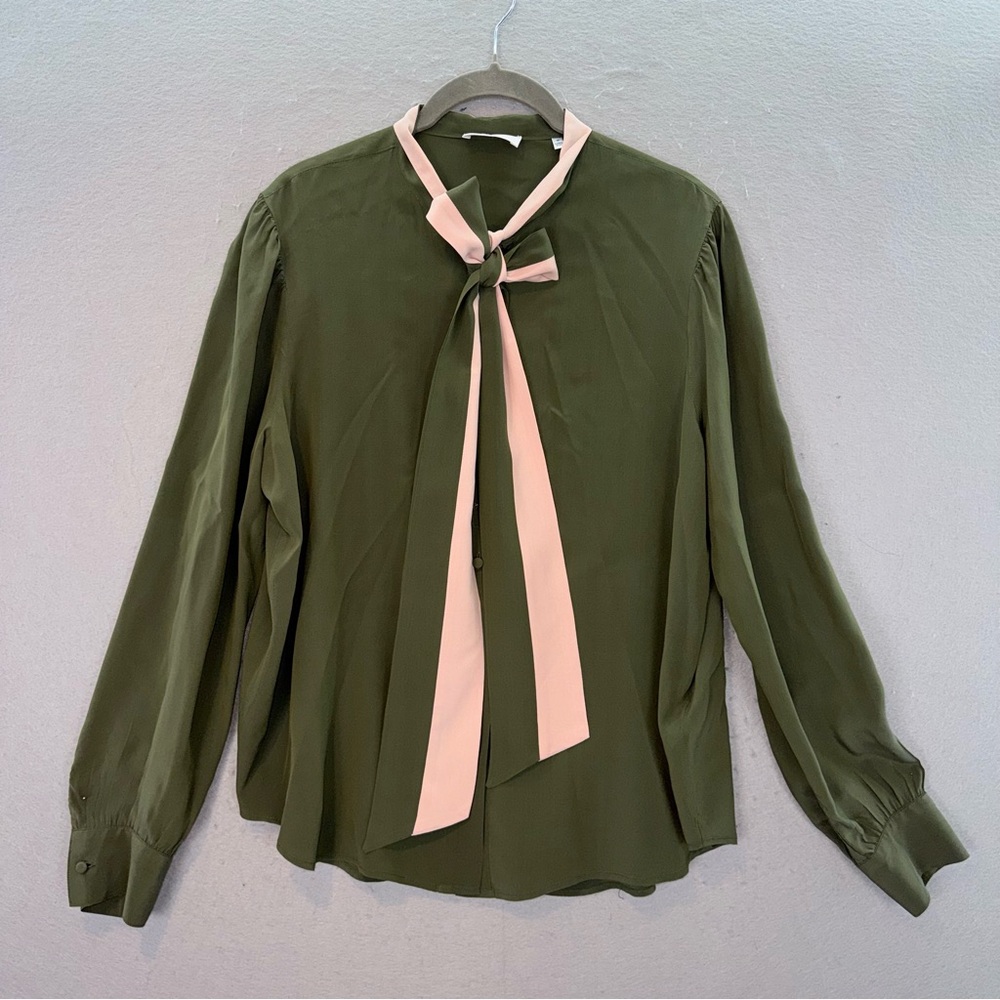 7 for all Mankind - women’s viscose silk green pink Bow button down shirt top M